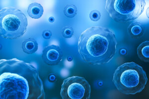 A 3D rendering of multiple blue cells floating in a microscopic environment, depicting detailed cellular structures.