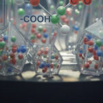 カラフルな球体で表現された分子構造が、透明な立体形状の中に配置された官能基をイメージしたコンセプトビジュアル。