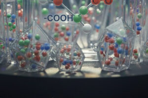 カラフルな球体で表現された分子構造が、透明な立体形状の中に配置された官能基をイメージしたコンセプトビジュアル。