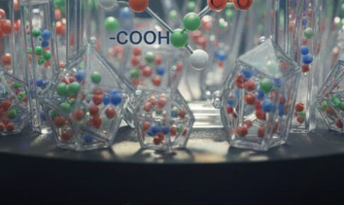 カラフルな球体で表現された分子構造が、透明な立体形状の中に配置された官能基をイメージしたコンセプトビジュアル。