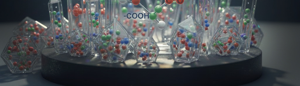 カラフルな球体で表現された分子構造が、透明な立体形状の中に配置された官能基をイメージしたコンセプトビジュアル。