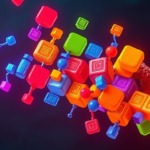 DNAの二重らせんと、カラフルなブロック状要素が連なるタンパク質構造を組み合わせた、タンパク質の仕組みを象徴的に表現したコンセプトビジュアル。