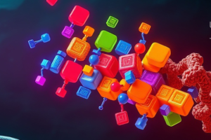 DNAの二重らせんと、カラフルなブロック状要素が連なるタンパク質構造を組み合わせた、タンパク質の仕組みを象徴的に表現したコンセプトビジュアル。