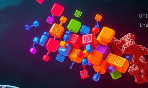 DNAの二重らせんと、カラフルなブロック状要素が連なるタンパク質構造を組み合わせた、タンパク質の仕組みを象徴的に表現したコンセプトビジュアル。