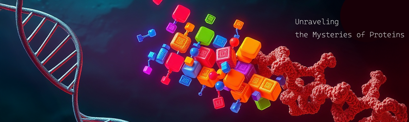 DNAの二重らせんと、カラフルなブロック状要素が連なるタンパク質構造を組み合わせた、タンパク質の仕組みを象徴的に表現したコンセプトビジュアル。